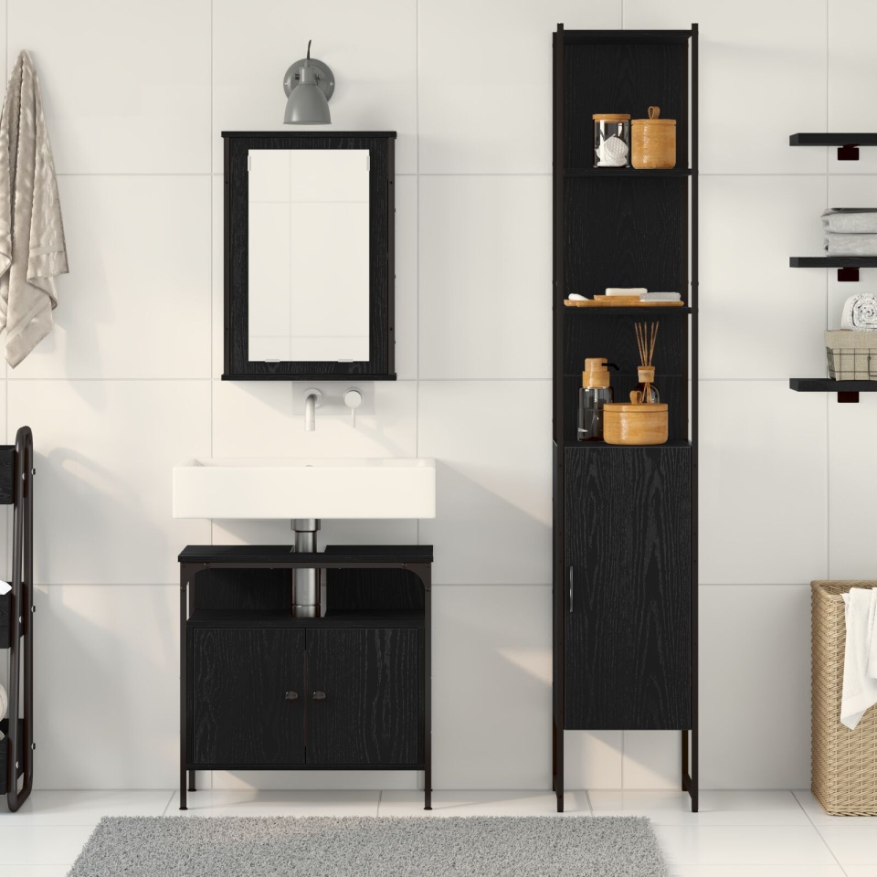 Set de mobilă pentru baie 3 piese Negru Stejar Lemn prelucrat - 3 | YEO