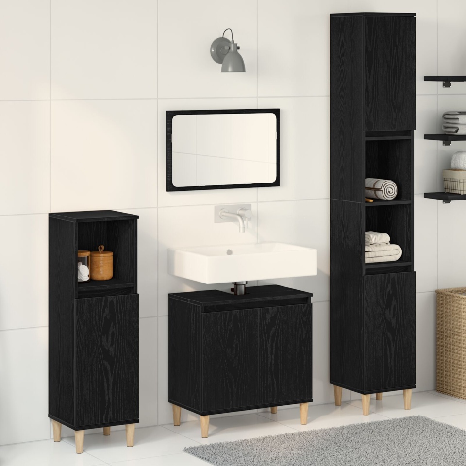 Set de Mobilier pentru Baie din 3 Piese Stejar Negru Lemn Prelucrat