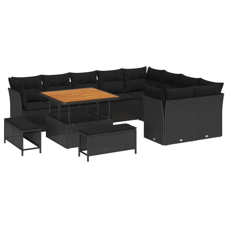 Set de sofa de grădină 12 piese cu perne Negru Poli Ratan Acacia, Set de dining de grădină 3 piese cu perne Negru Poli Ratan Acacia - 1 | YEO