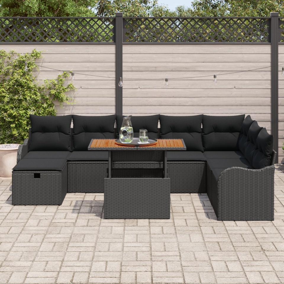 Set de Sofa de Grădină 9 Piese cu Perne Negru Poliratan, Sofa de Grădină 2 Persoane cu Perne Negru Poliratan - 2 | YEO