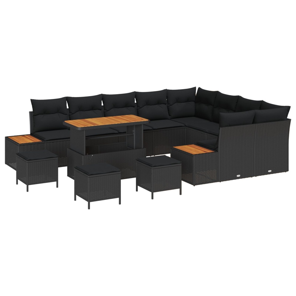 Set de sofa pentru grădină cu 12 piese și perne din poliratan negru de acacia, Set de dining pentru grădină cu 3 piese și perne din poliratan negru de acacia - 1 | YEO