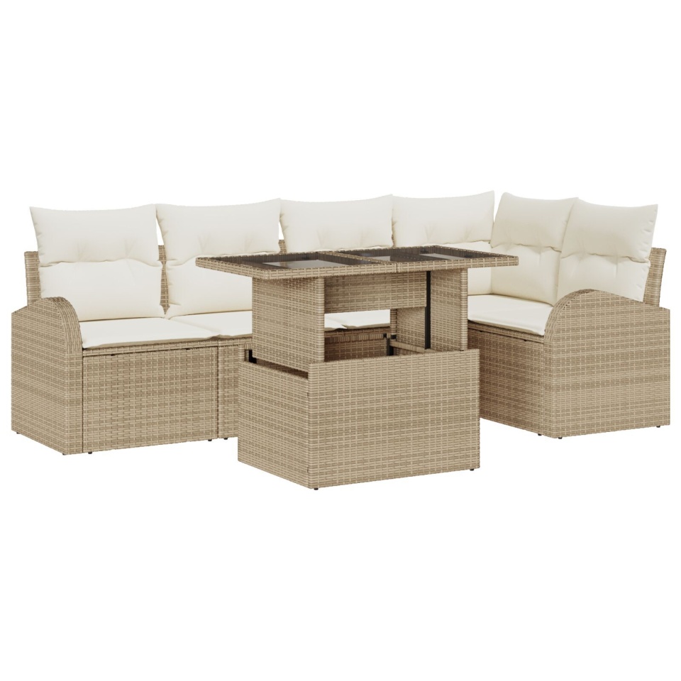 Set de Sofa pentru Grădină cu 6 Piese și Perne Bej din Ratan Polimer, Sofa de Grădină cu 2 Locuri cu Spațiu de Depozitare și Perne Bej din Ratan Polimer - 1 | YEO