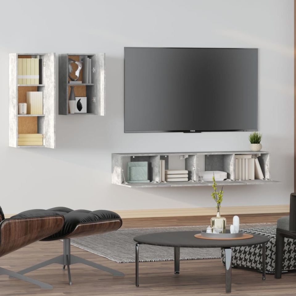 Set dulap TV, 4 piese, gri beton, lemn prelucrat - 2 | YEO