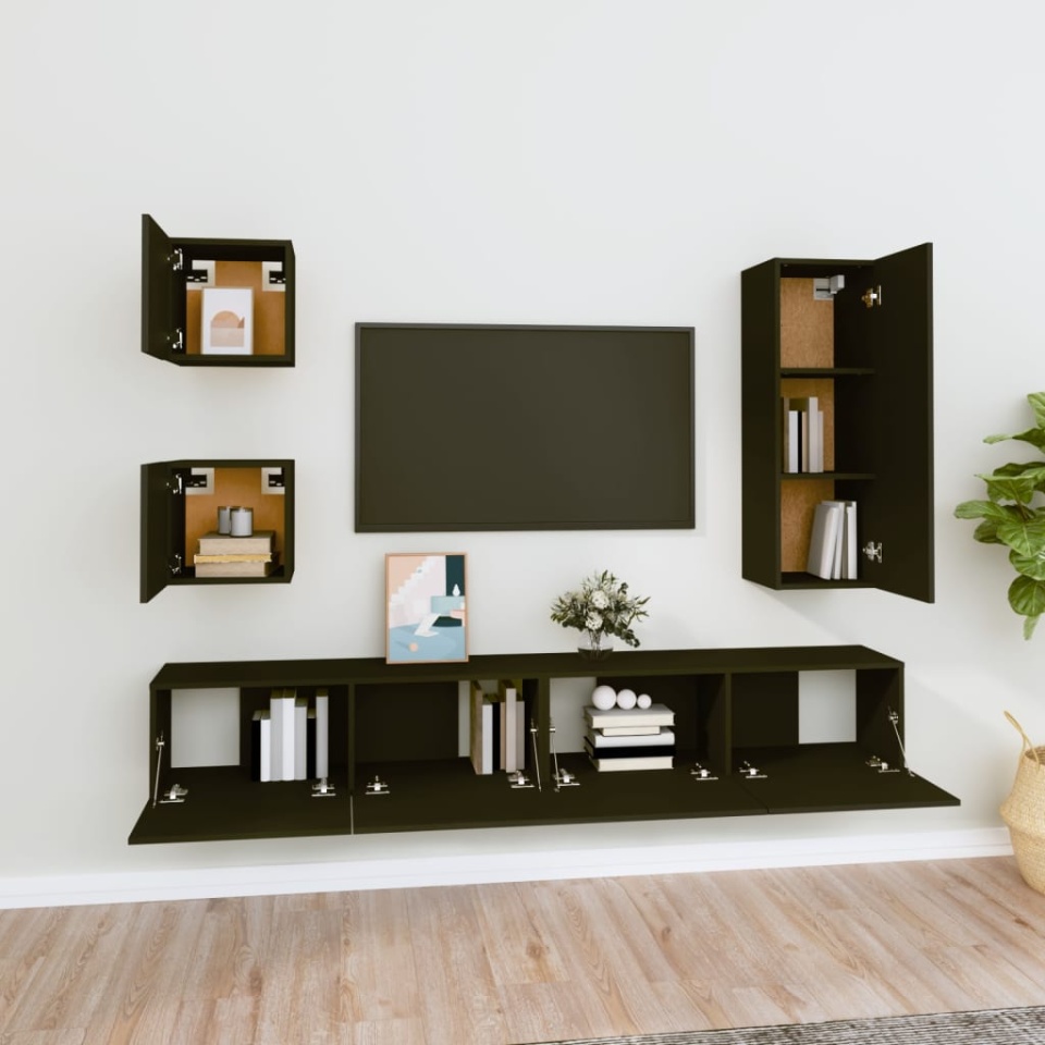 Set dulap TV, 5 piese, negru, lemn prelucrat - 2 | YEO