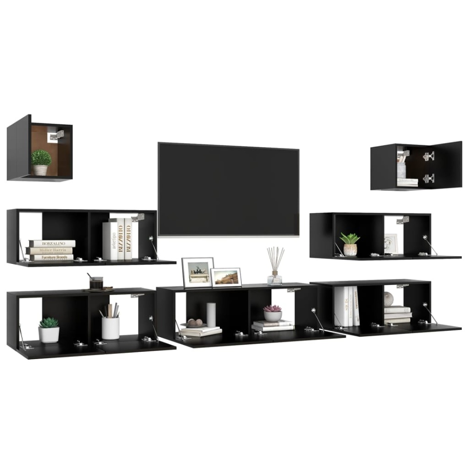Set dulapuri TV, 7 piese, negru, lemn prelucrat - 2 | YEO