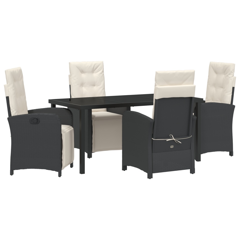 Set masă grădină 5 Piese cu Perne Negru Poliratan, Masa grădină Neagră 160x80x73 cm Sticlă Temperată - 1 | YEO