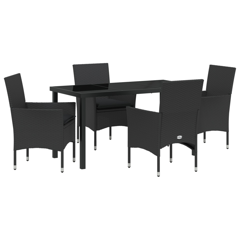 Set mese grădină 5 piese cu perne poliratan negru, Masă neagră 140x80x73 cm din sticlă securizată - 1 | YEO
