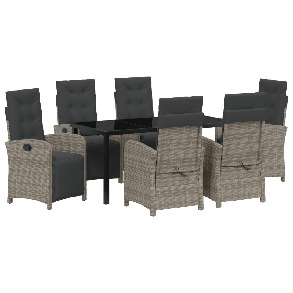 Set mese grădină 7 piese cu perne gri din ratan polimeric, Masă grădină neagră 160x80x73 cm din sticlă temperată - 1 | YEO
