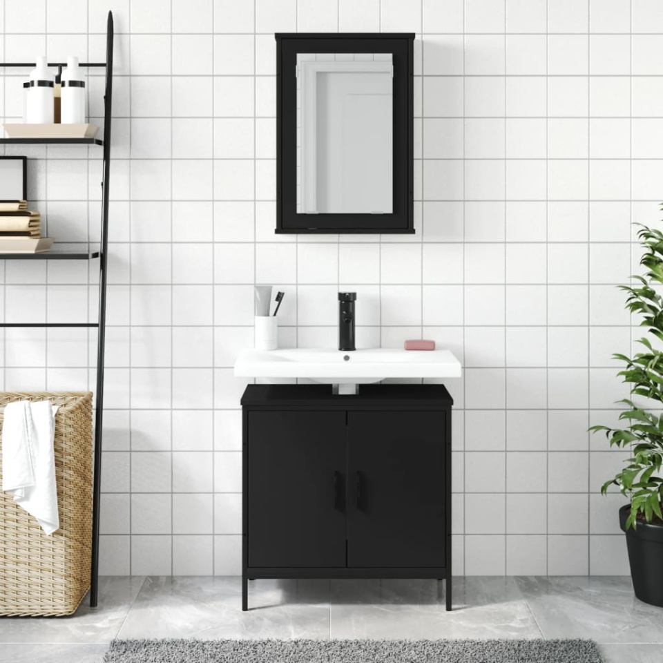 Set mobilier de baie, 2 piese, negru, lemn compozit - 2 | YEO