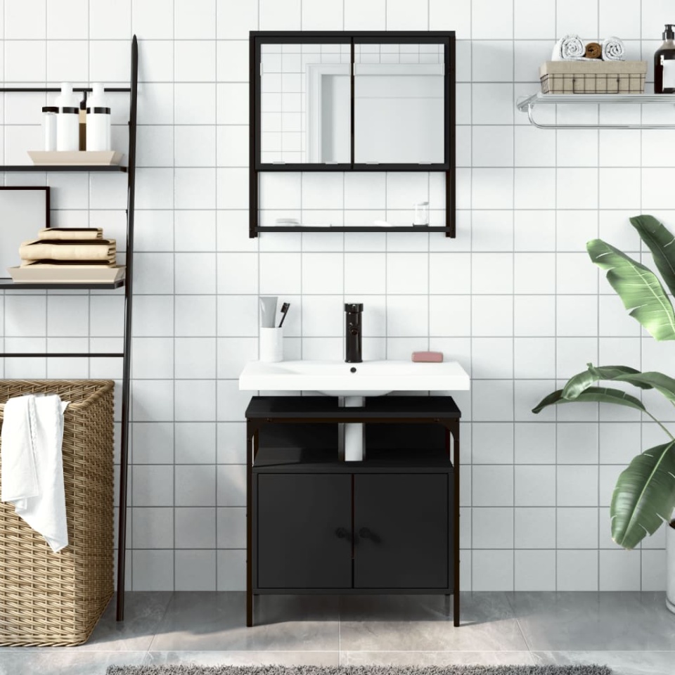 Set mobilier de baie, 2 piese, negru, lemn compozit - 2 | YEO
