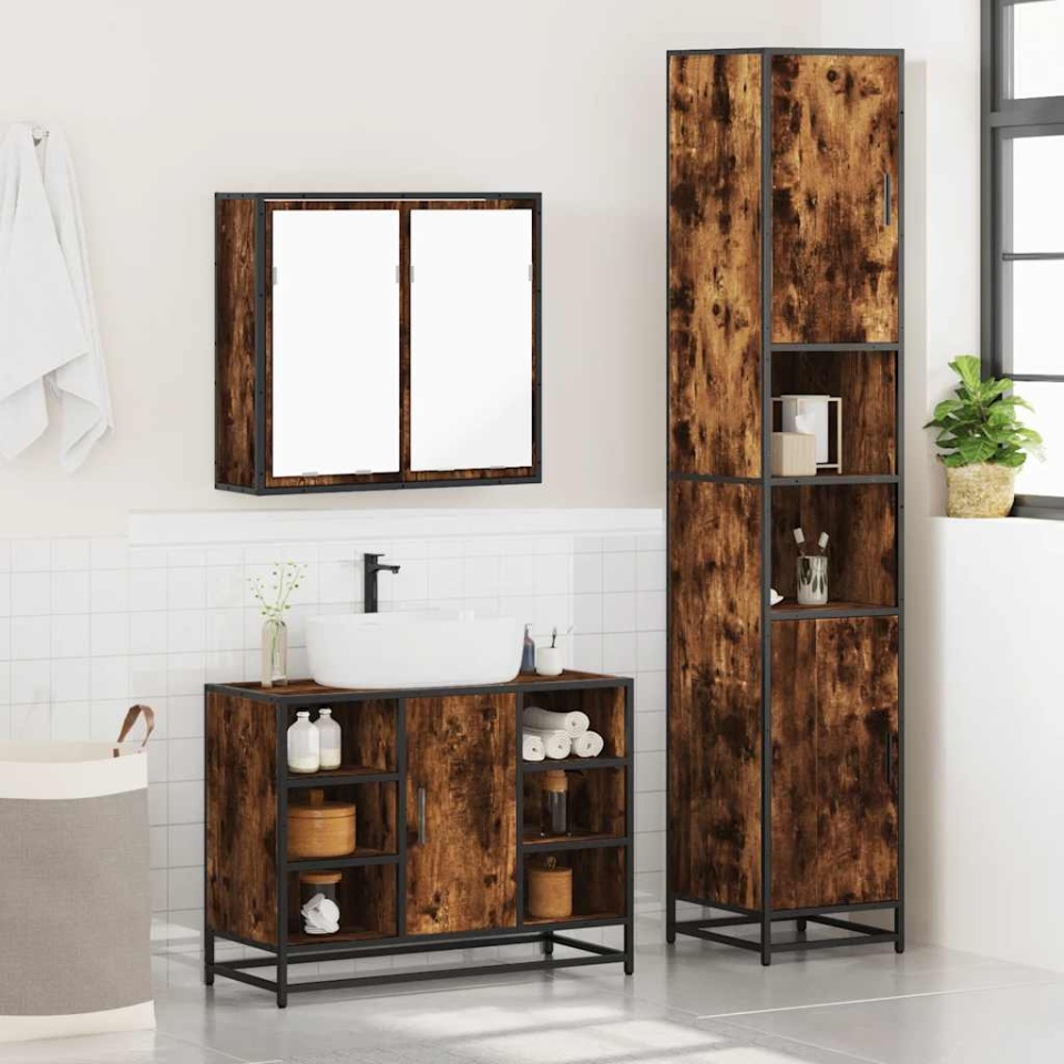 Set mobilier de baie, 3 piese, stejar fumuriu, lemn prelucrat - 3 | YEO