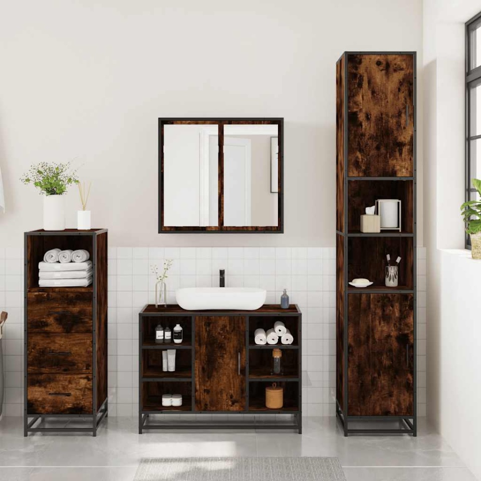 Set mobilier de baie, 3 piese, stejar fumuriu, lemn prelucrat - 2 | YEO