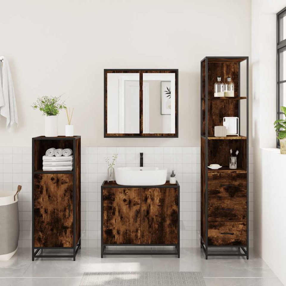 Set mobilier de baie, 3 piese, stejar fumuriu, lemn prelucrat - 3 | YEO