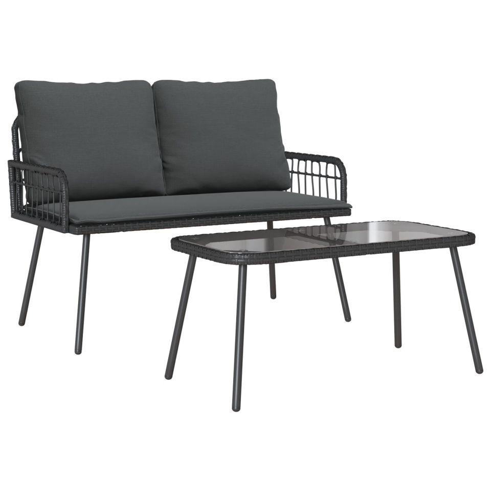 Set mobilier de grădină, 2 piese, cu perne, negru, poliratan - 1 | YEO