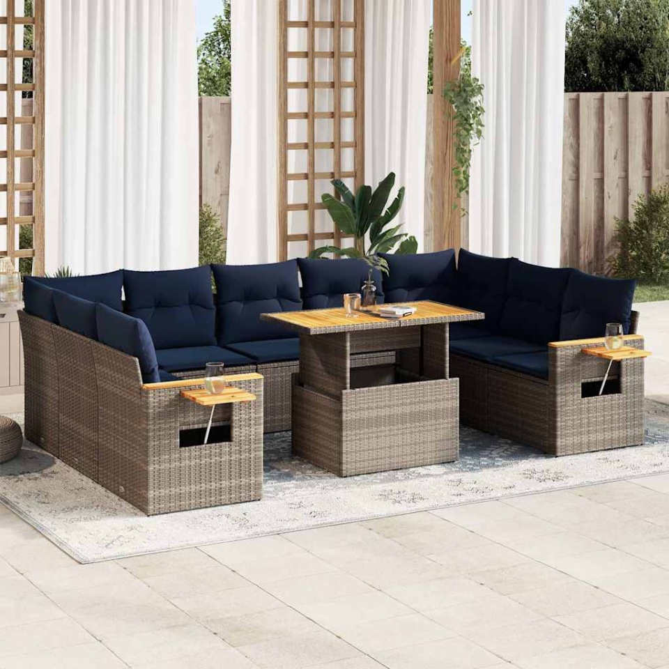 Set mobilier de grădină cu perne, 10 piese, gri, poliratan