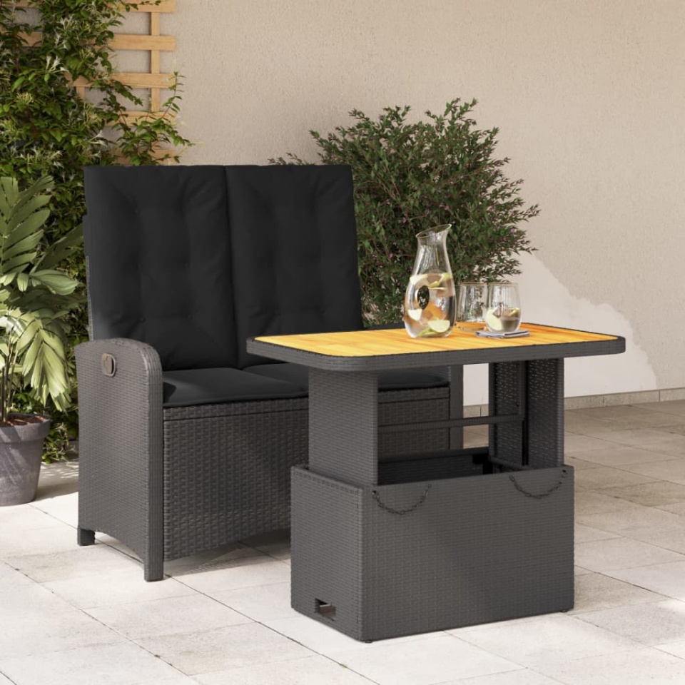 Set mobilier de grădină cu perne, 2 piese, negru, poliratan