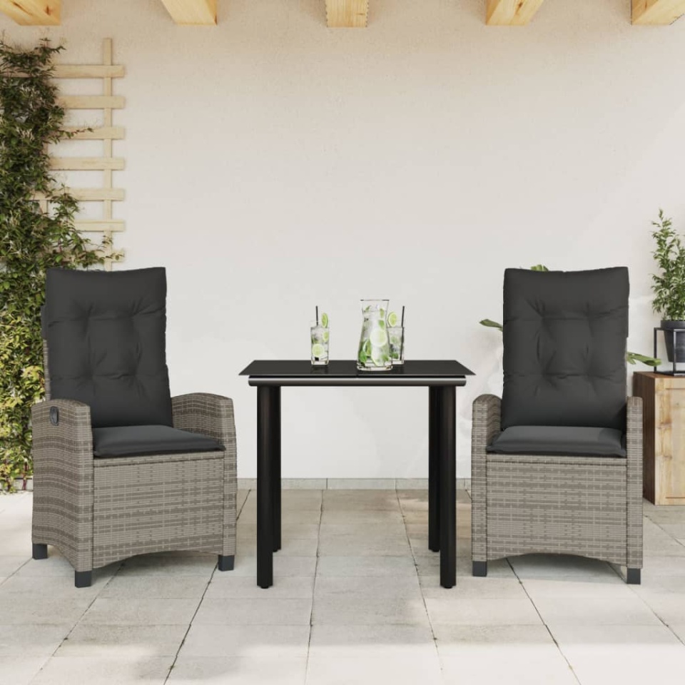 Set mobilier de grădină cu perne, 3 piese, gri, poliratan