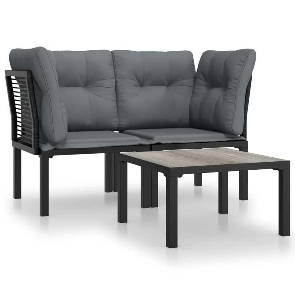Set mobilier de grădină cu perne, 3 piese, negru/gri, poliratan - 1 | YEO