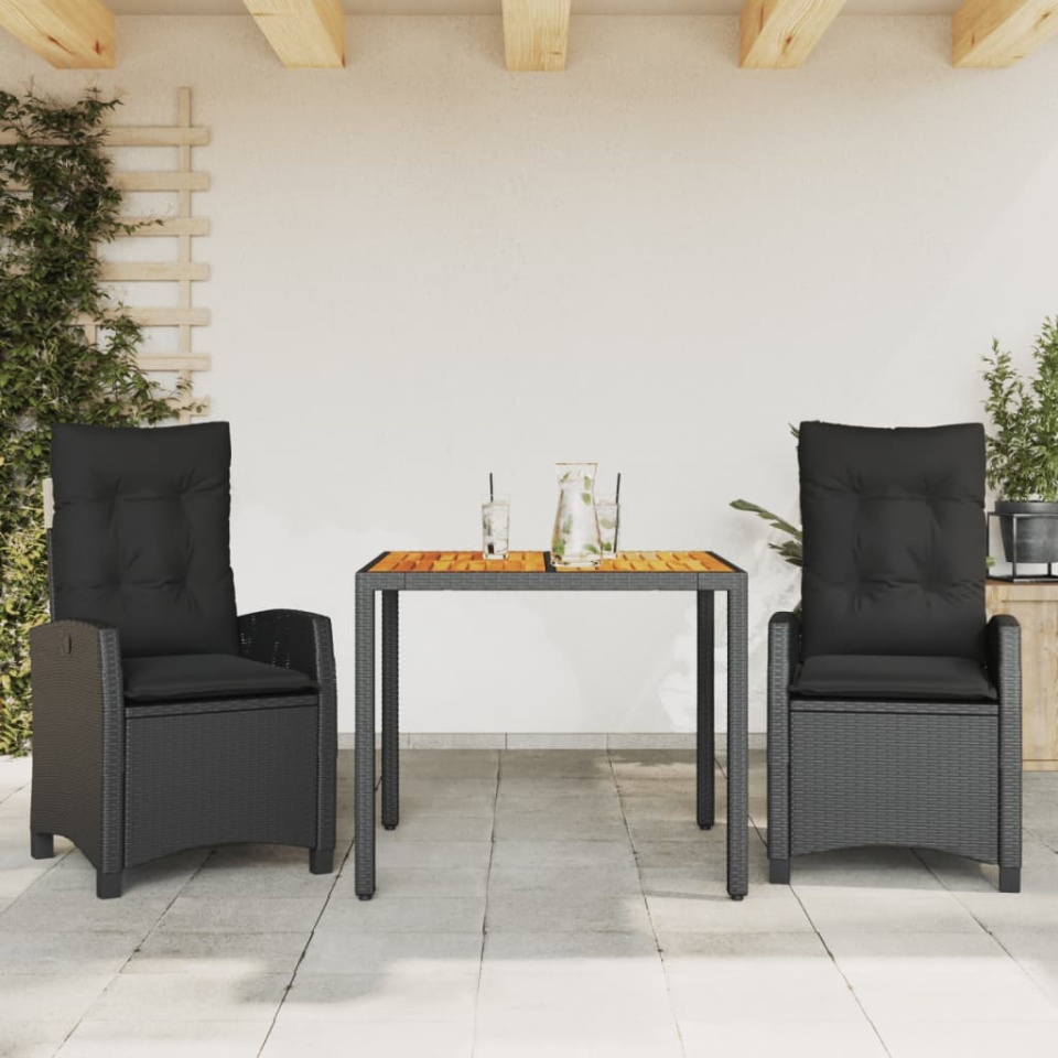 Set mobilier de grădină cu perne, 3 piese, negru, poliratan