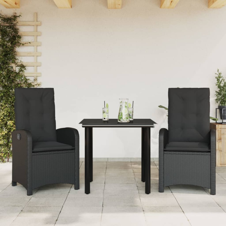 Set mobilier de grădină cu perne, 3 piese, negru, poliratan