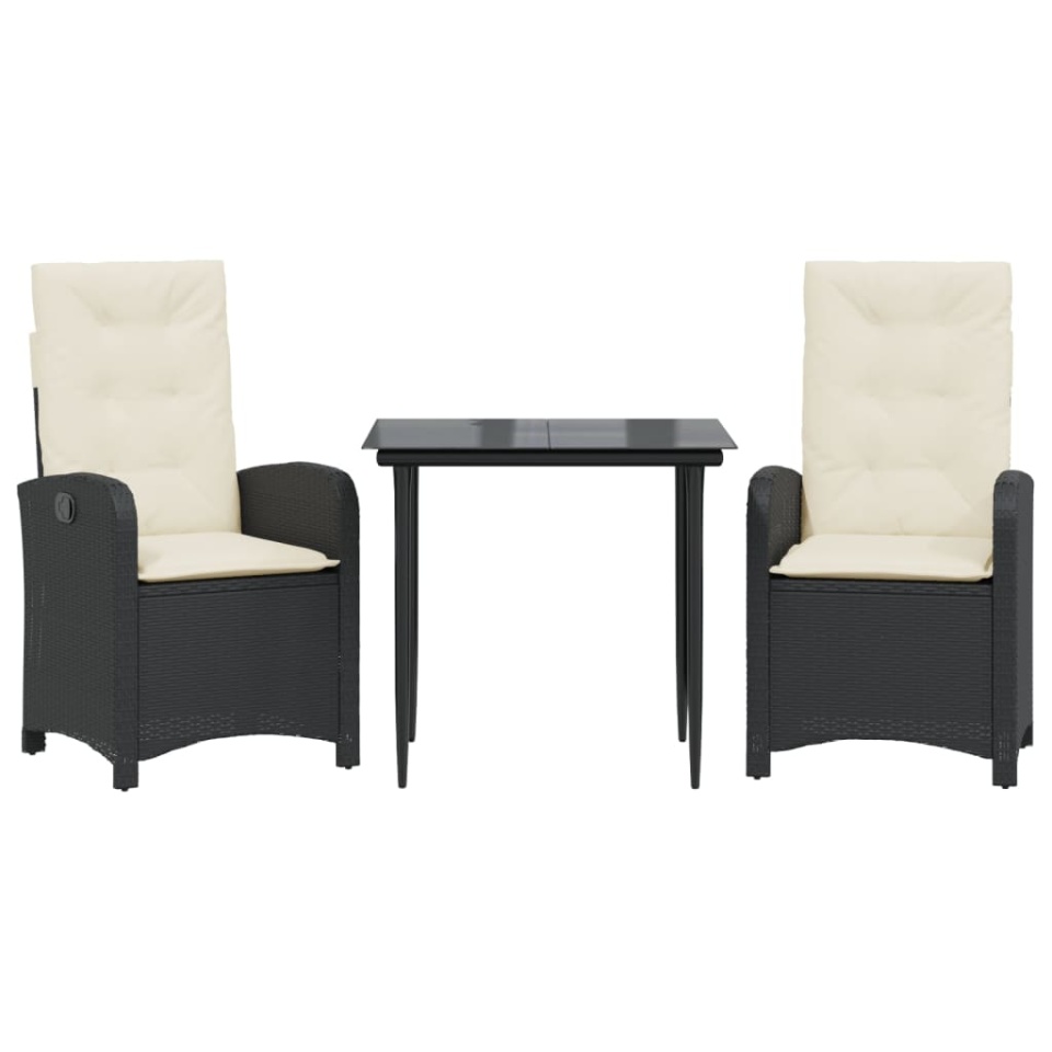 Set mobilier de grădină cu perne, 3 piese, negru, poliratan - 1 | YEO