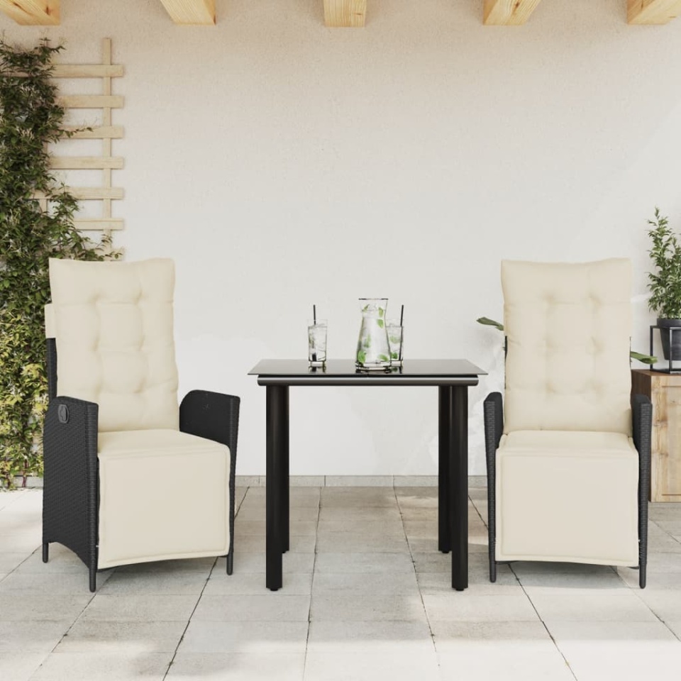 Set mobilier de grădină cu perne, 3 piese, negru, poliratan