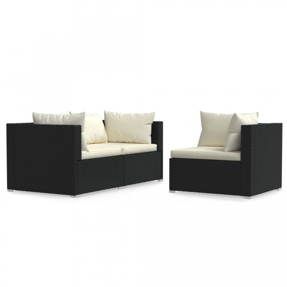 Set mobilier de grădină cu perne, 3 piese, negru, poliratan - 1 | YEO