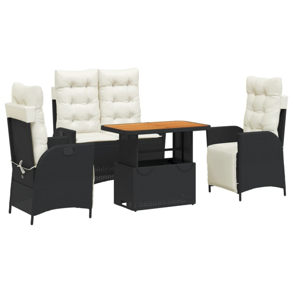 Set mobilier de grădină cu perne, 4 piese, negru, poliratan - 1 | YEO