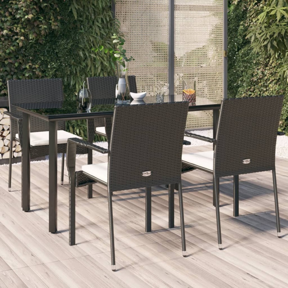Set mobilier de grădină cu perne, 5 piese, negru, poliratan