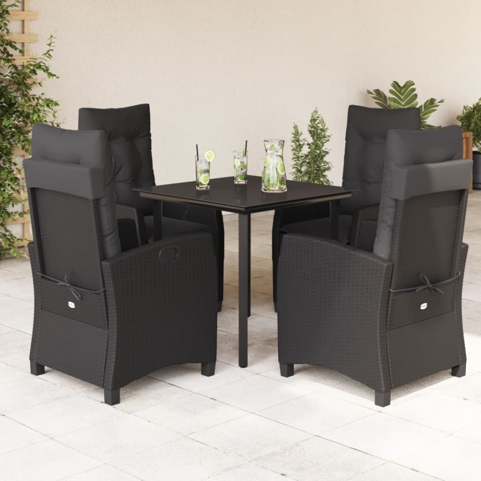 Set mobilier de grădină cu perne, 5 piese, negru, poliratan