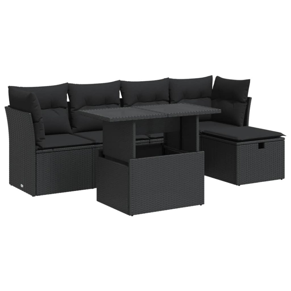 Set mobilier de grădină cu perne, 6 piese, negru, poliratan - 1 | YEO