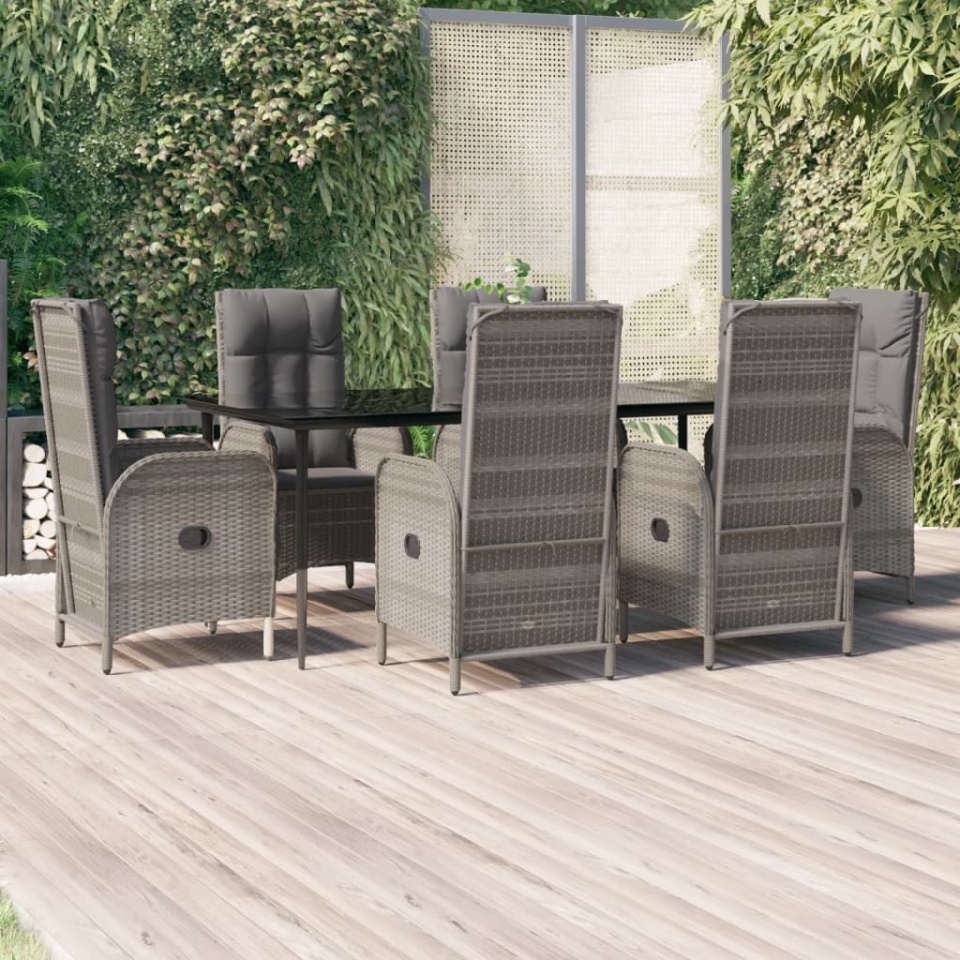 Set mobilier de grădină cu perne, 7 piese, negru/gri, poliratan