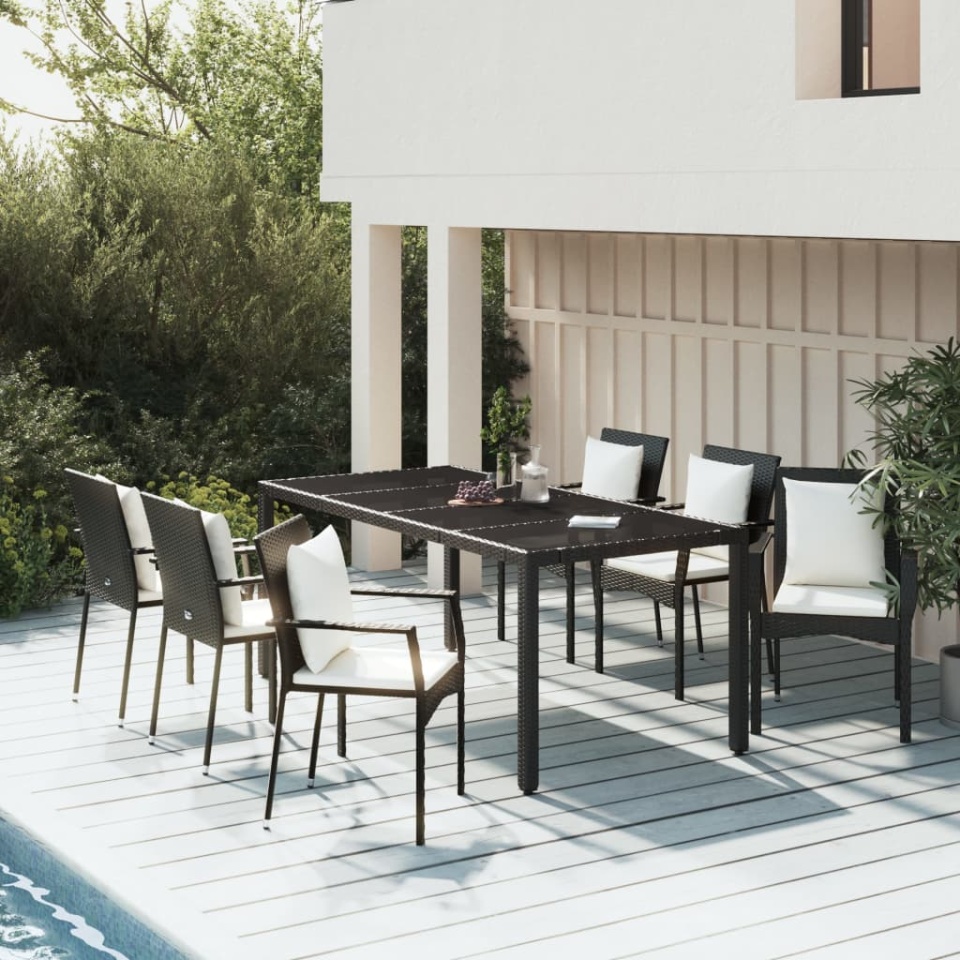 Set mobilier de grădină cu perne, 7 piese, negru, poliratan