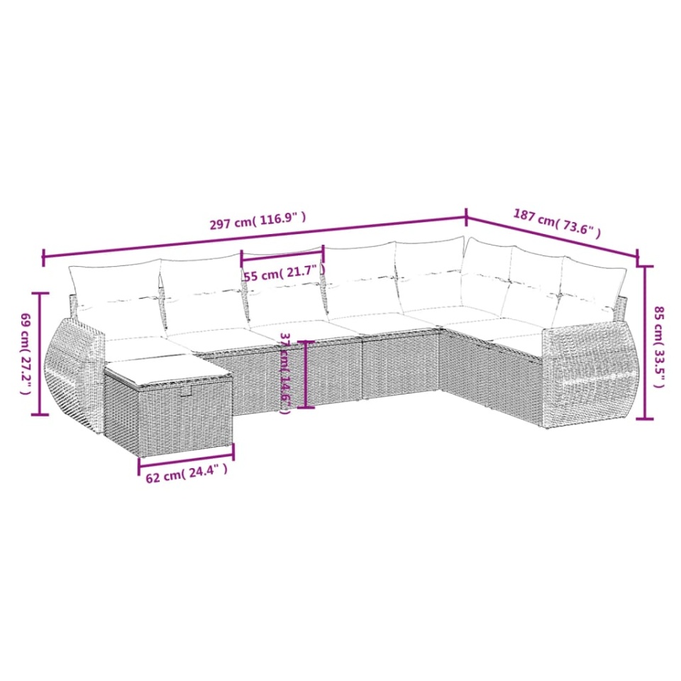 Set mobilier de grădină cu perne, 8 piese, negru, poliratan - 3 | YEO