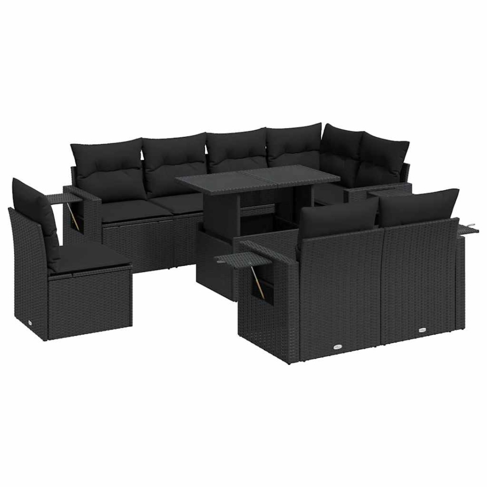 Set mobilier de grădină cu perne, 9 piese, negru, poliratan - 1 | YEO