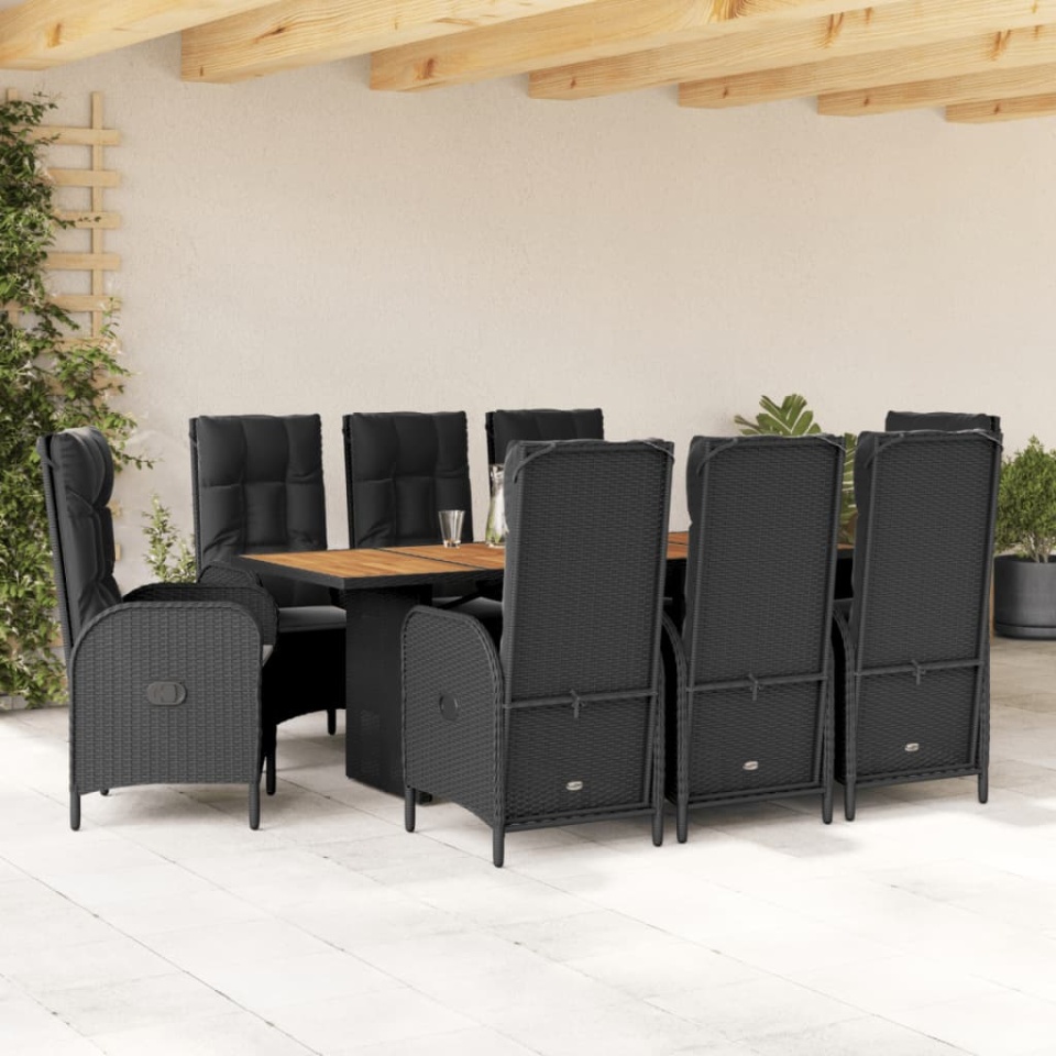 Set mobilier de grădină cu perne, 9 piese, negru, poliratan