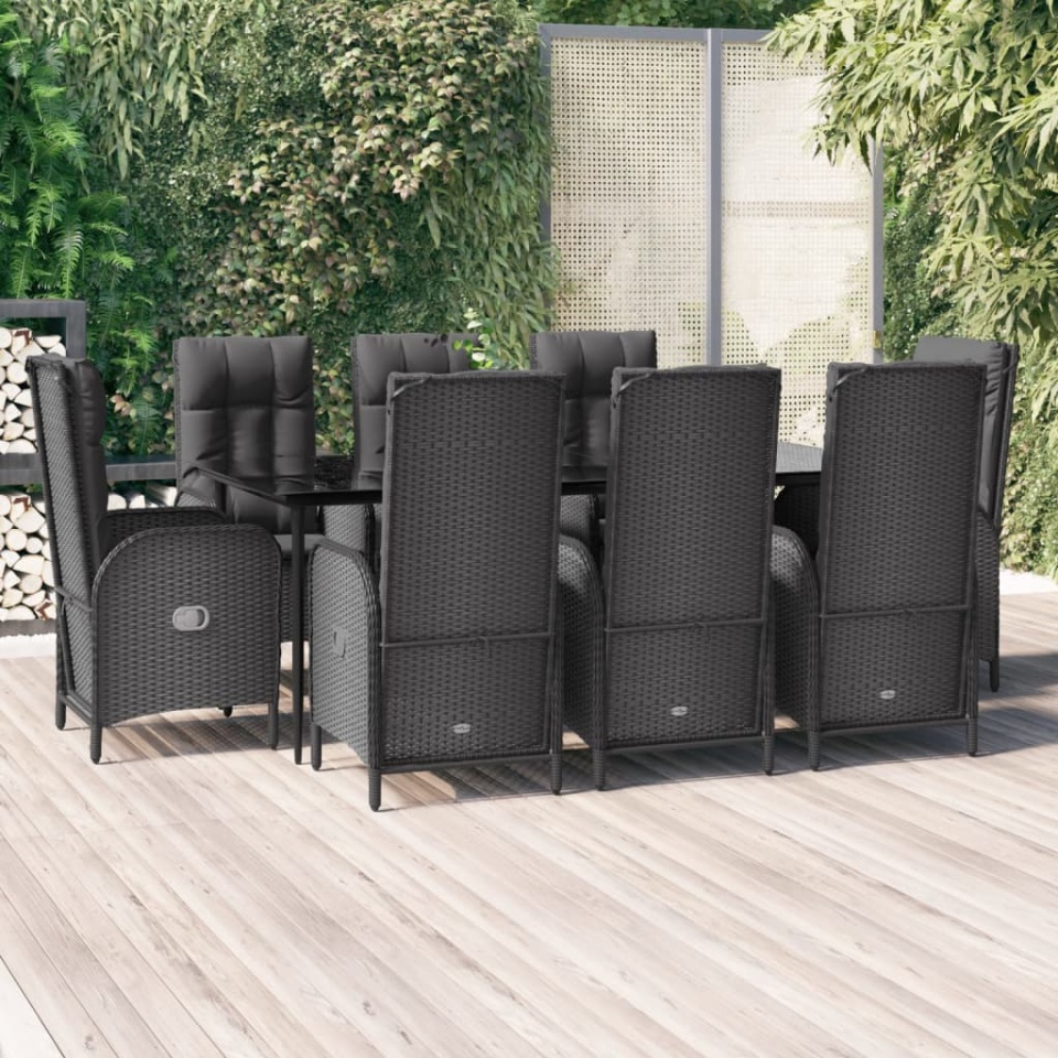Set mobilier de grădină cu perne, 9 piese, negru, poliratan