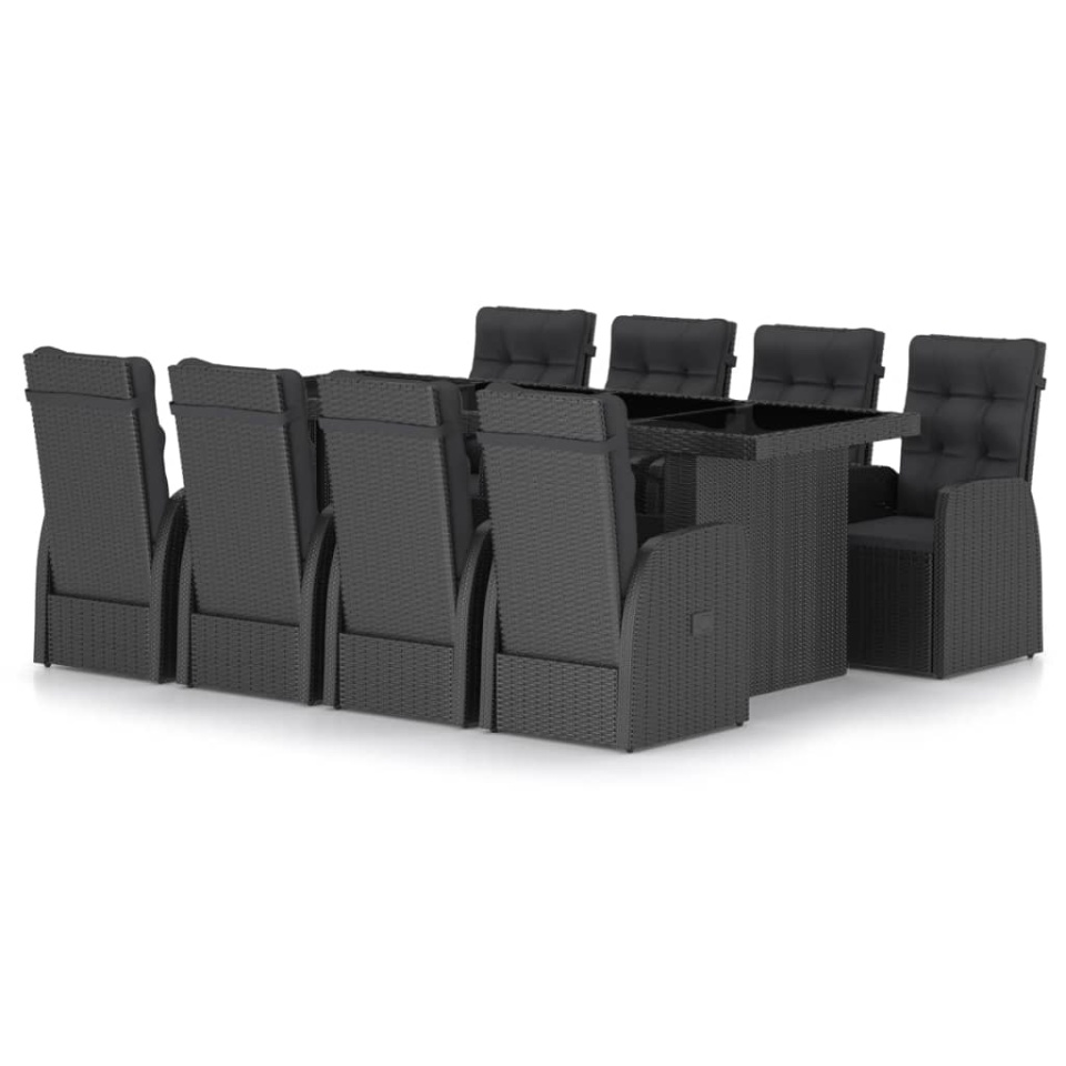 Set mobilier de grădină cu perne, 9 piese, negru, poliratan - 1 | YEO