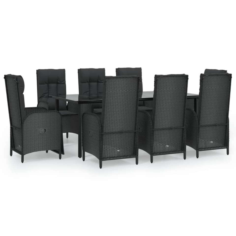 Set mobilier de grădină cu perne, 9 piese, negru, poliratan - 1 | YEO