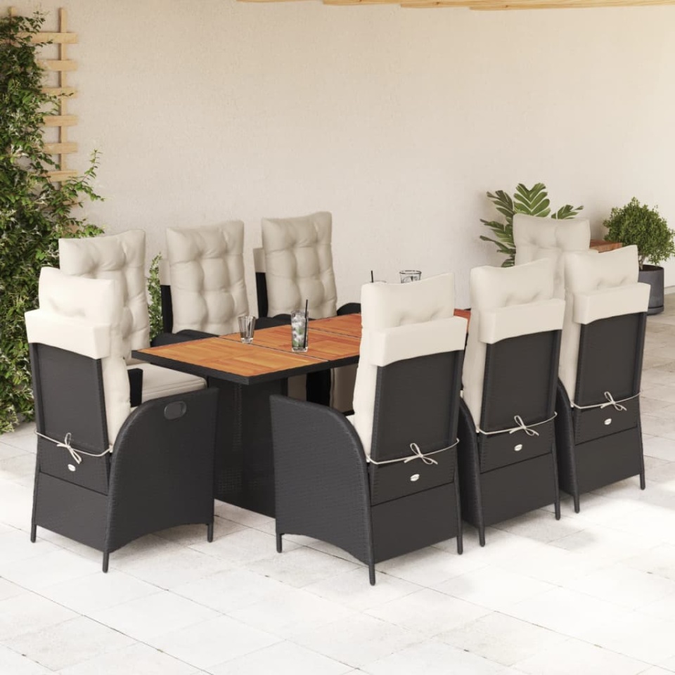 Set mobilier de grădină cu perne, 9 piese, negru, poliratan