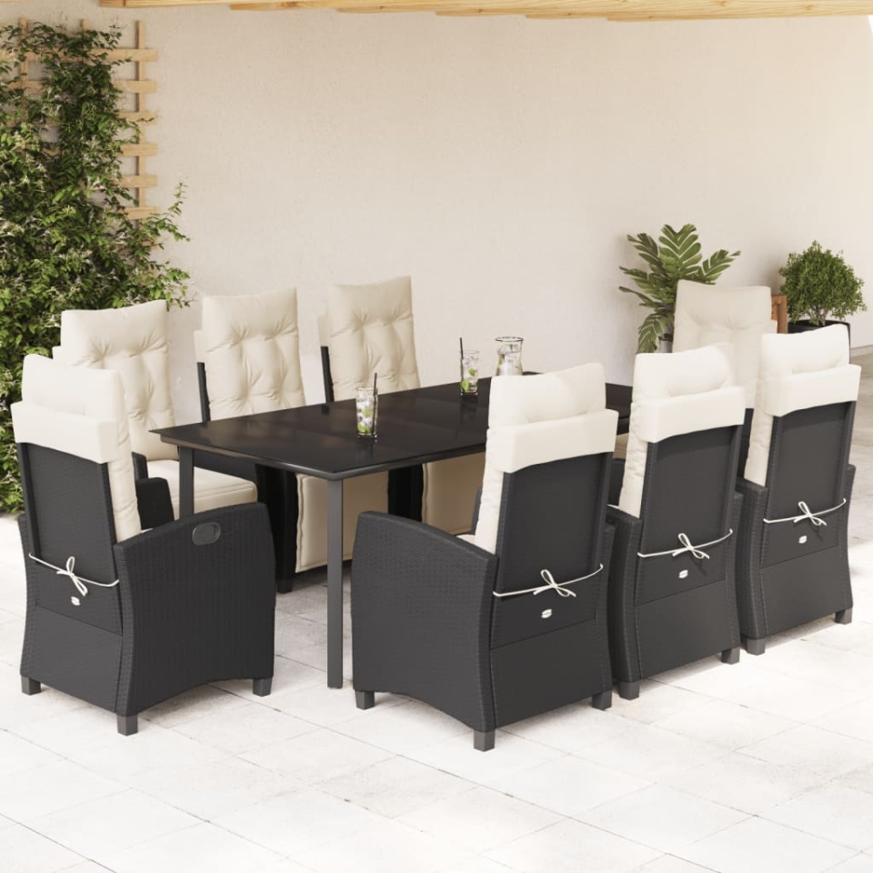 Set mobilier de grădină cu perne, 9 piese, negru, poliratan