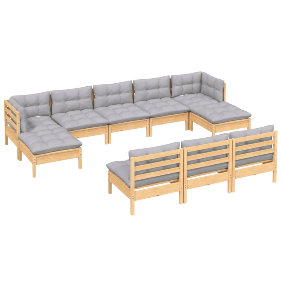 Set mobilier de grădină cu perne gri 10 piese lemn masiv de pin - 2 | YEO