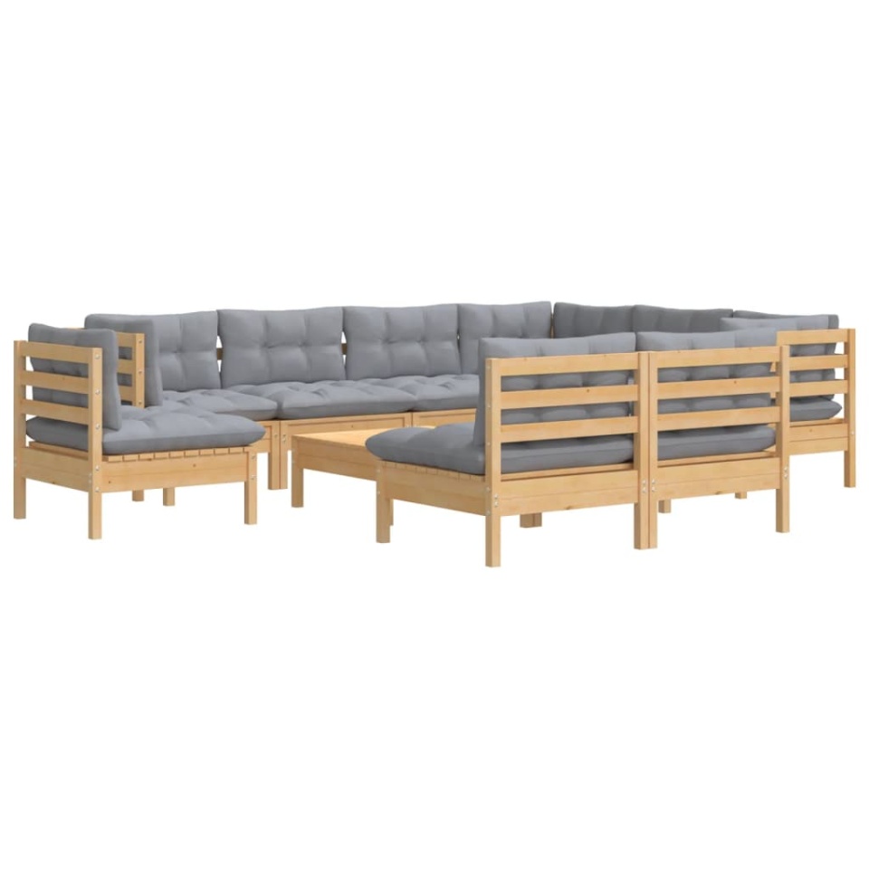 Set mobilier grădină cu perne, 10 piese, gri, lemn masiv pin - 2 | YEO