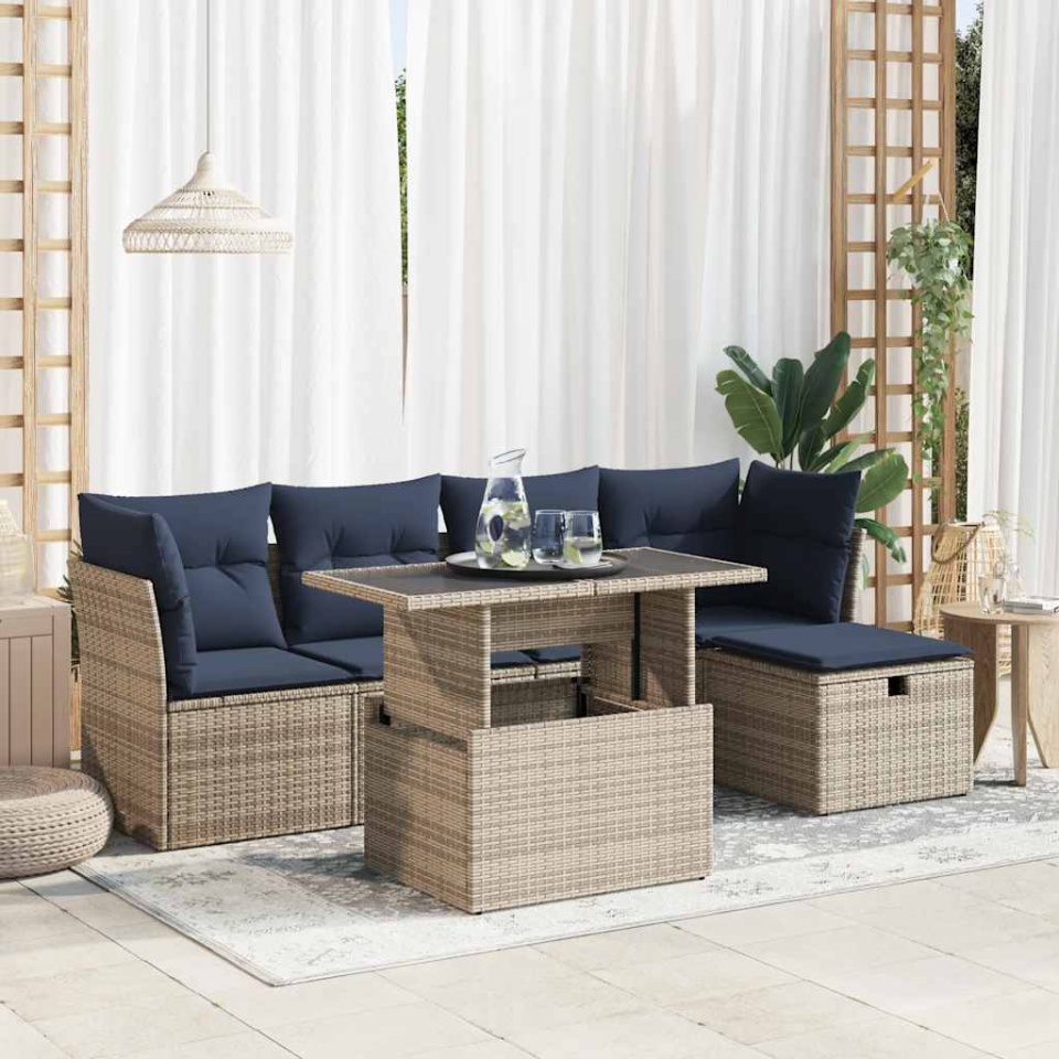 Set mobilier grădină cu perne 6 piese gri poliratan/lemn acacia