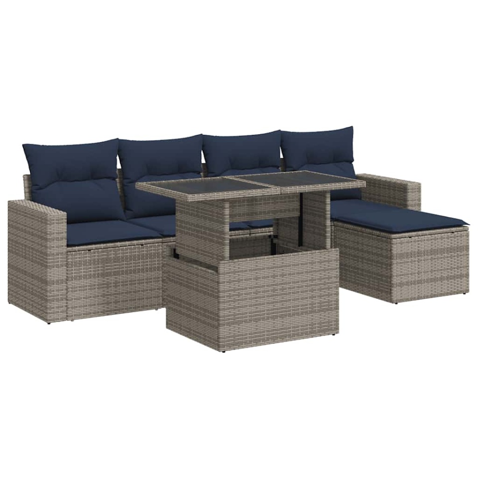 Set mobilier grădină cu perne 6 piese gri poliratan/lemn acacia - 1 | YEO