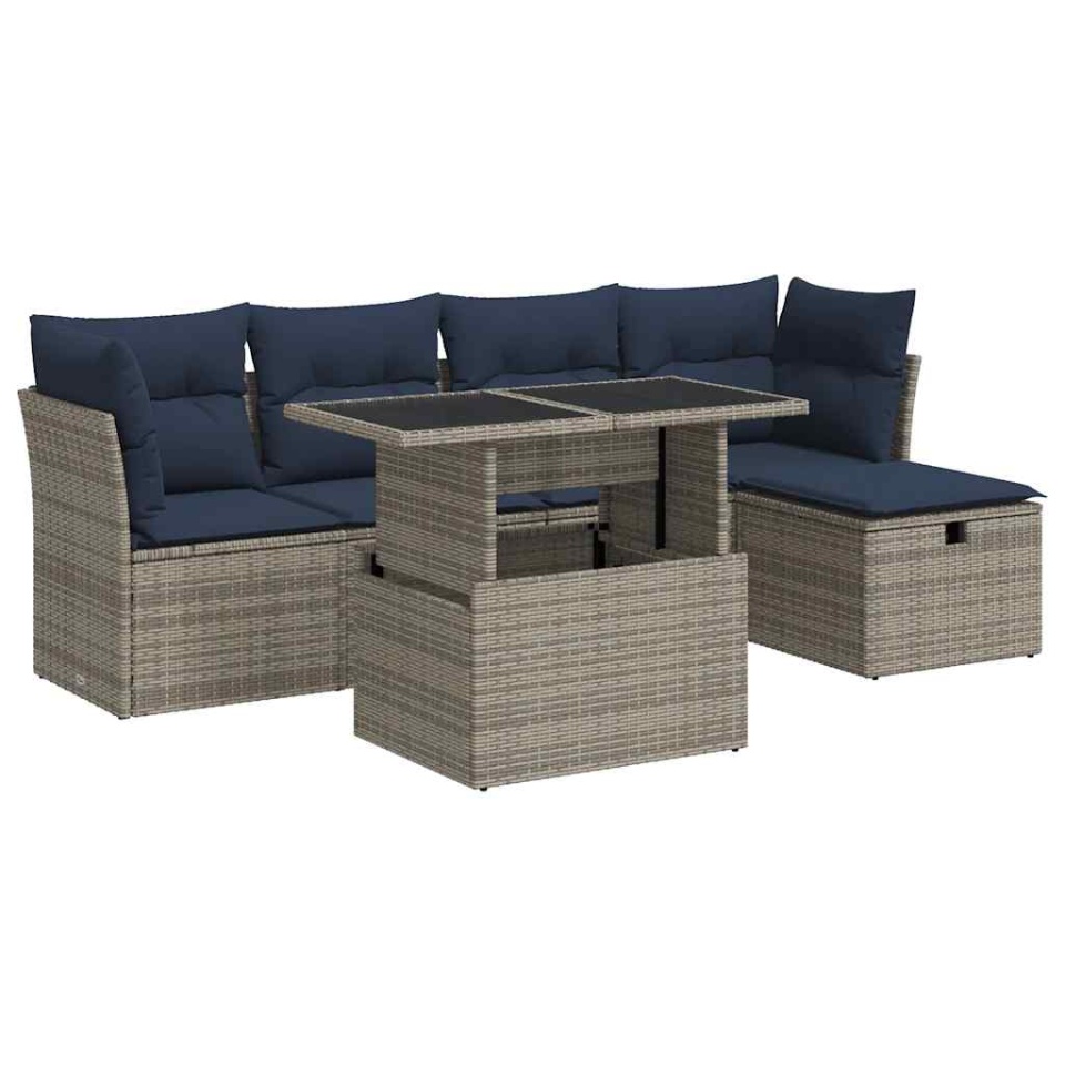 Set mobilier grădină cu perne 6 piese gri poliratan/lemn acacia - 1 | YEO