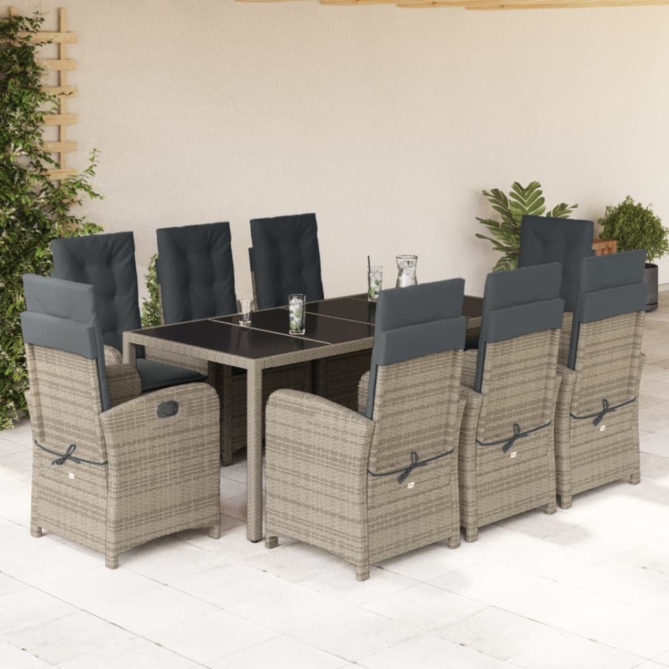 Set mobilier grădină cu perne, 9 piese, gri, poliratan