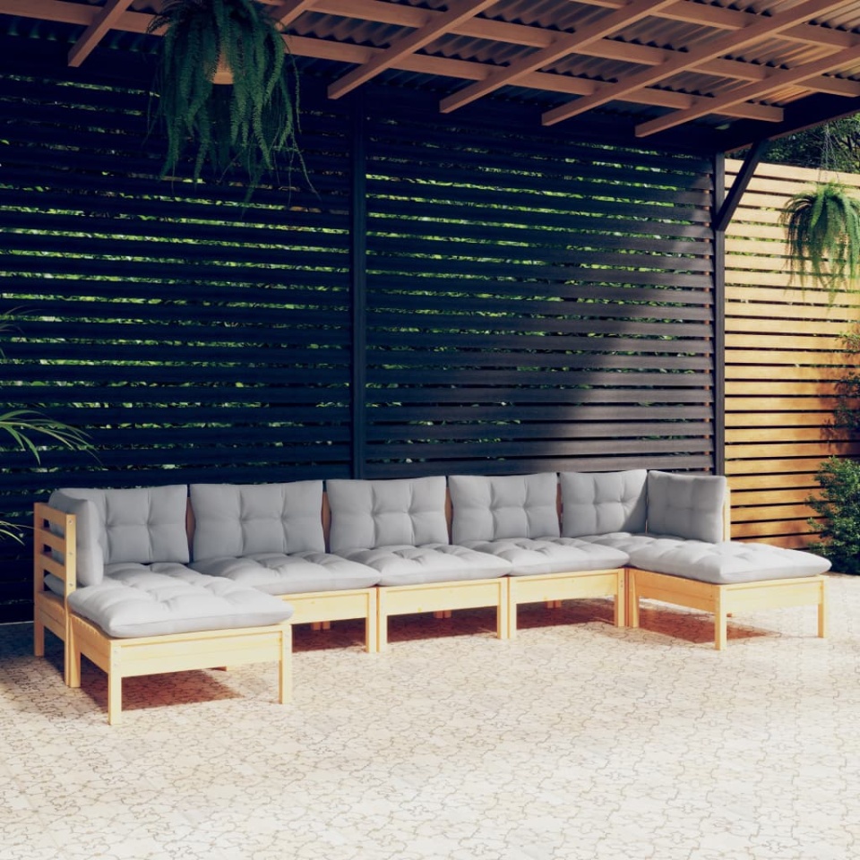 Set mobilier grădină cu perne gri, 7 piese, lemn masiv de pin