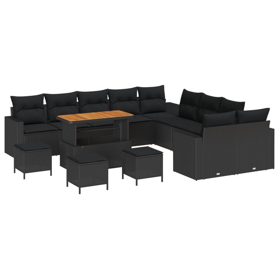 Set Sofa Grădină 13 Piese cu Perne Poliratan Negru Acacia, Set Dining Grădină 3 Piese cu Perne Poliratan Negru Acacia - 1 | YEO