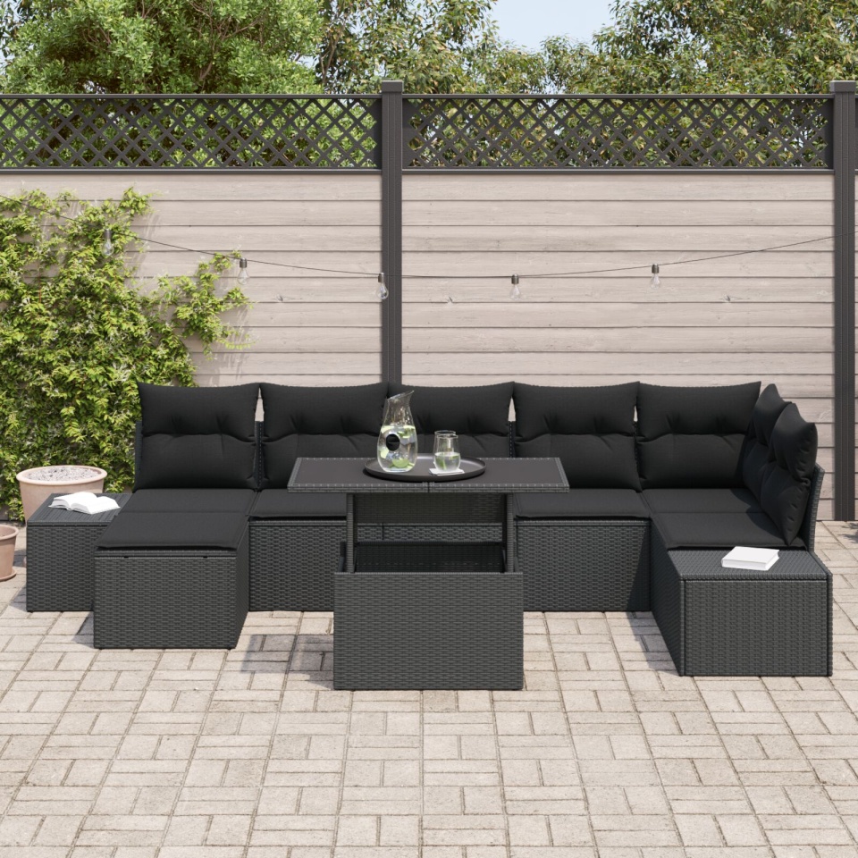Set Sofa Grădină 8 Piese Negru Poliratan, Sticlă - 2 | YEO